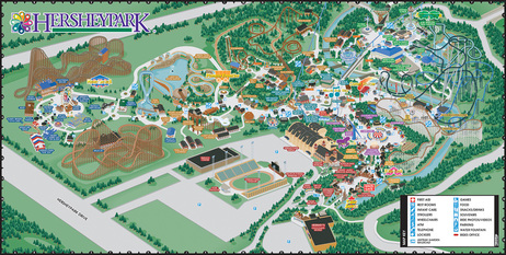 VistaMap amusement park maps, such as Hersheypark, are very complex, rendering the attractions and facilities clearly is the key to the guest wayfinding experience. copyright 2003 Gary Milliken / VistaMap