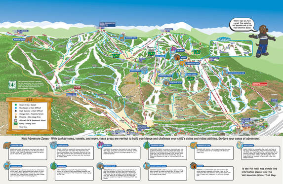 VistaMap conversion of long time client Vail Mountain trail map to kid's and family specific map, simplifying features and created custom icons to key locations of Adventure Zone locations and descriptions of features.