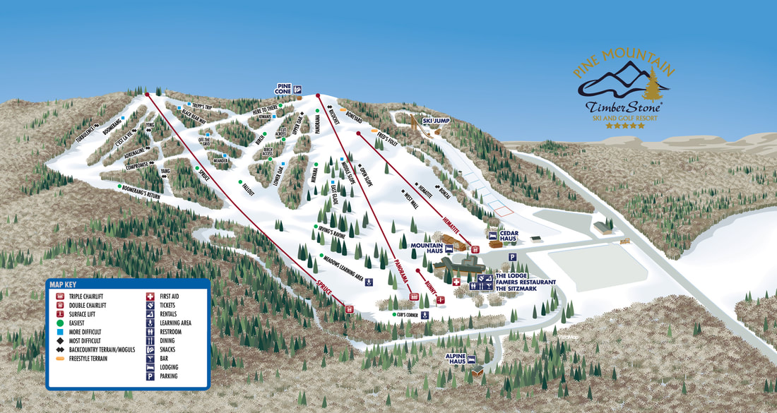 ​VistaMap new Winter trail map for Pine Mountain Resort, Michigan, copyright 2019 by Gary Milliken, VistaMap