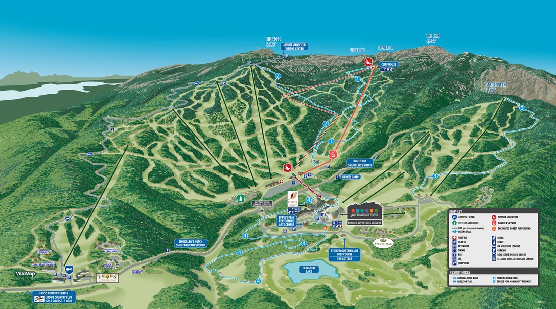 The VistaMap Summer trail map for Stowe Mountain Resort has been updated every year to include the gradual improvement to the base facilities as well as other changes on mountain. copyright 2005 Gary Milliken / VistaMap