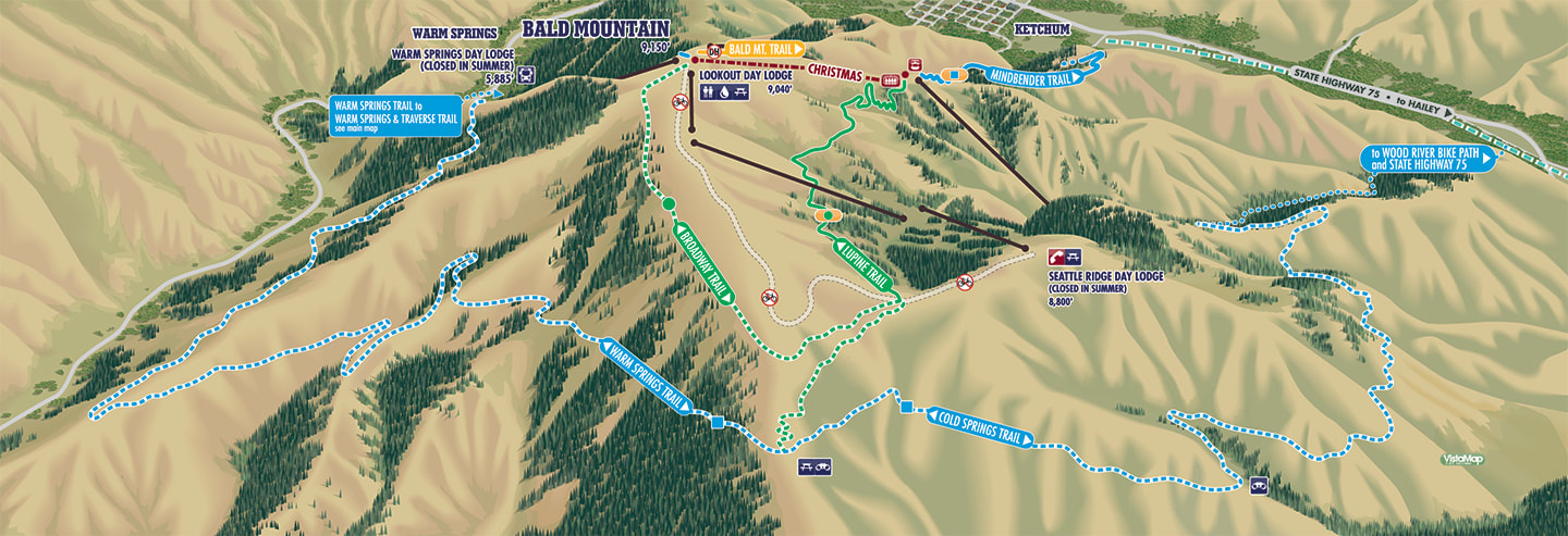 VistaMap new Summer map of hiking biking trail on back side of Bald Mountain for Sun Valley, Idaho, copyright 2019 by Gary Milliken, VistaMap