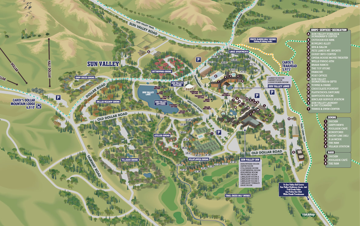 VistaMap detailed map of Sun Valley Village, Sun Valley, Idaho, copyright 2019 by Gary Milliken, VistaMap