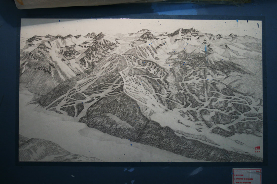 Photo image of hand drawn rendering of Telluride Ski Resort, Colorado by Gary Milliken 1992
