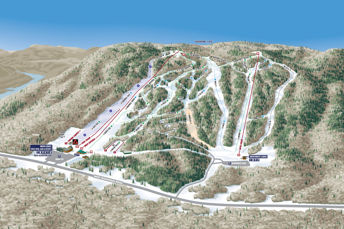 New 2020 Winter trail map of West Mountain, Glens Falls, NY. copyright 2020 Gary R. Milliken / VistaMap